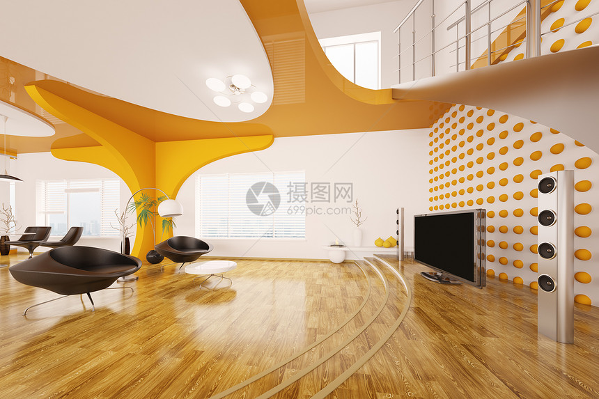 3号客厅现代室内设计d房间桌子圆形壁炉房子木头家具橙子白色黑色图片