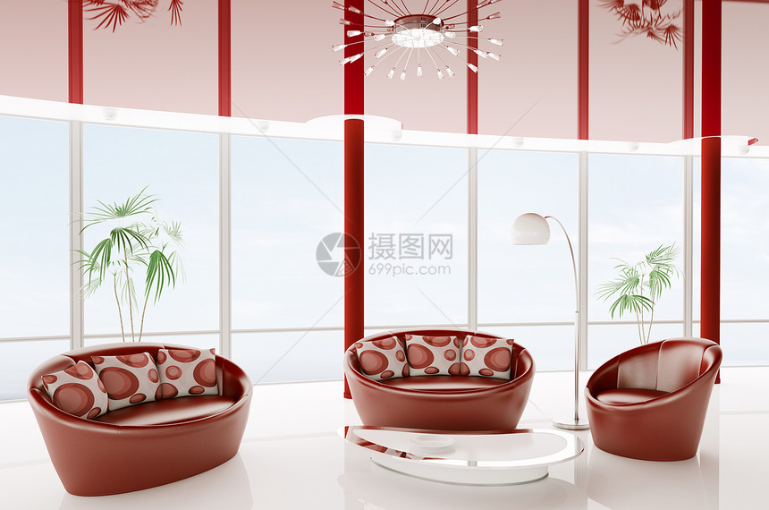 现代内部3d天花板房间地面红色座位房子皮革长椅扶手椅桌子图片