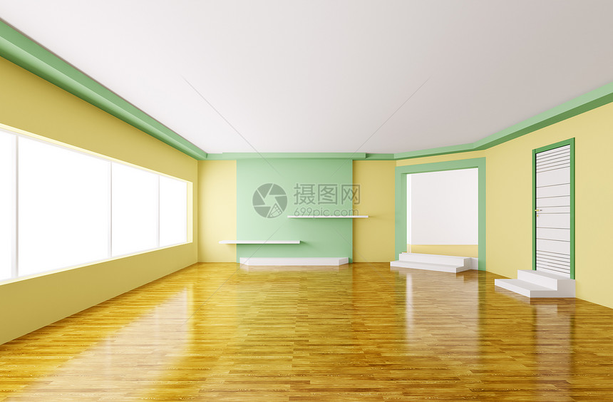 空内3d房间地面木地板压板入口窗户建筑学架子白色天花板图片