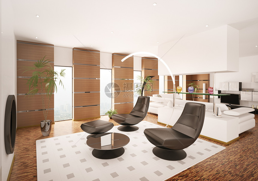 现代公寓的内地3d房间皮革房子扶手椅木地板合金植物黑色木头座位图片