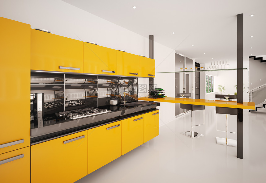 现代3d型厨房内部架子房间橙子白色瓶子房子凳子桌子金属炊具图片