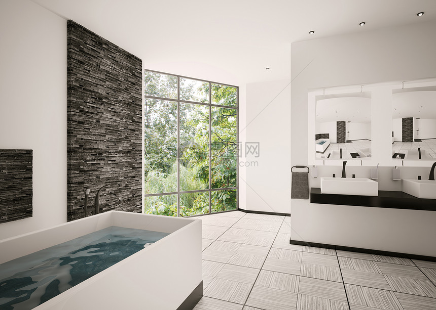 现代室内3d内部洗手间白色风格镜子绿色蓝色毛巾装饰盥洗龙头地面图片