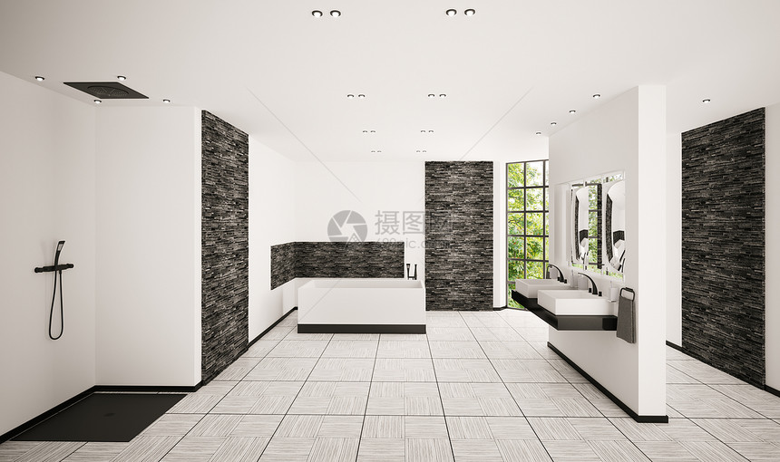现代室内3d内部洗手间房间砖块装饰绿色灰色砖墙淋浴瓷砖窗户浴室图片