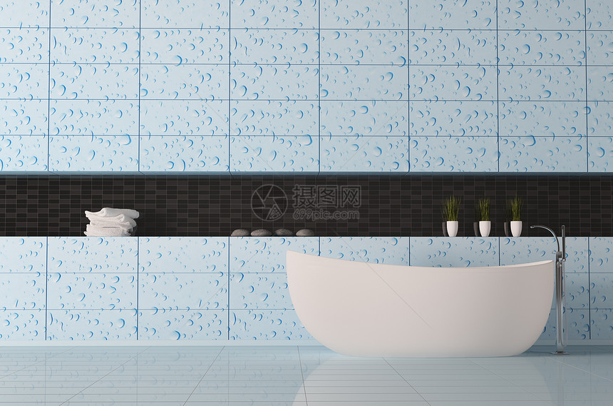 厕所内3d风格龙头房间瓷砖植物石头毛巾白色浴室蓝色图片