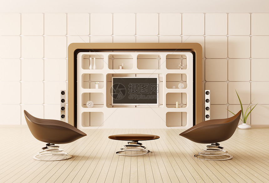 现代内部3d桌子房子棕色建筑学房间木头扶手椅喇叭电视椅子图片