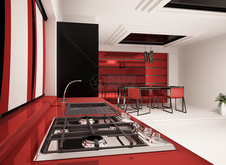现代3d型厨房内部炊具金属红色气体垫圈合金木头龙头黑色白色图片