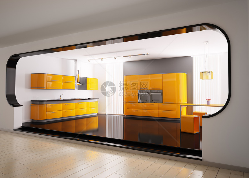 橙色灰色厨房 3d图片