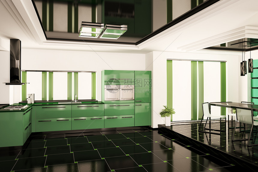 现代厨房内部3d椅子白色龙头黑色气体植物金属房间配件绿色图片
