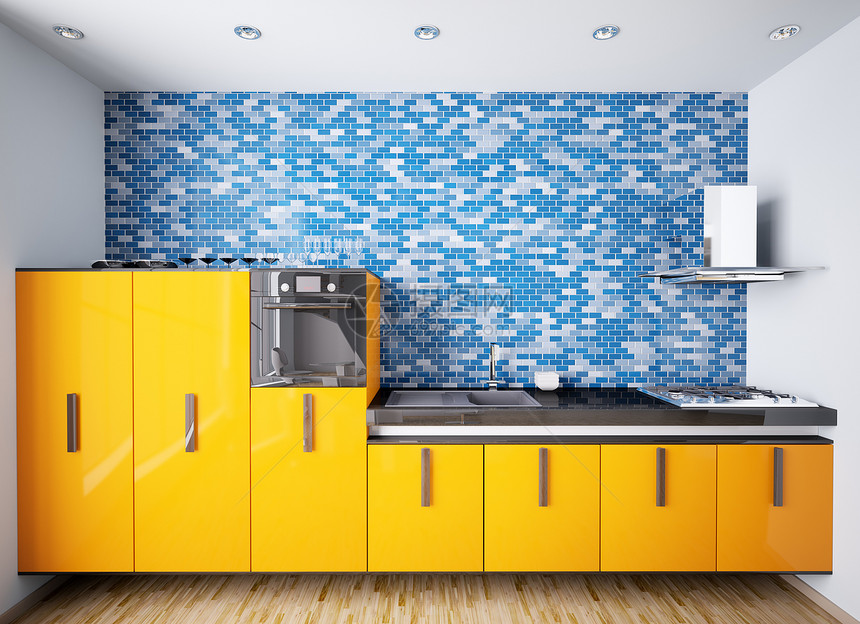现代橙色厨房内部3d火炉橙子金属木头马赛克炊具黄色粉色烤箱兜帽图片