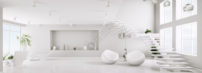 现代公寓的白色内室内3d型全景窗户扶手椅建筑学房间房子楼梯家具背景图片