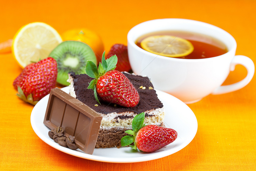 柠檬茶 巧克力茶 木薯 蛋糕和草莓早餐种子食物咖啡柠檬织物巧克力盘子美食奇异果图片