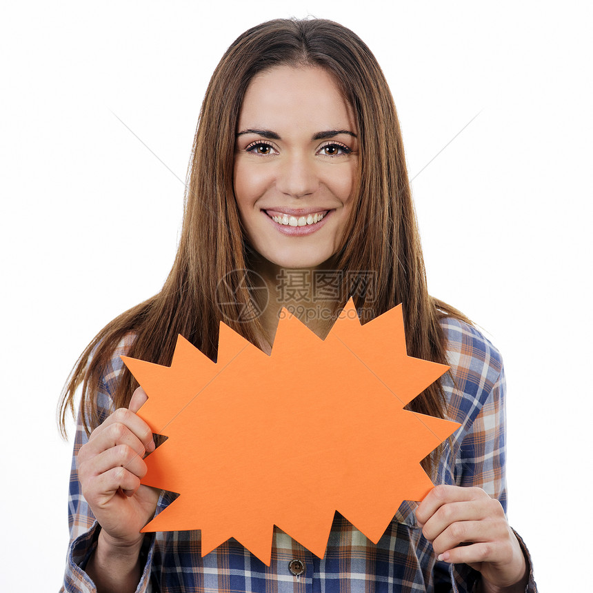持有橙色面板的妇女图片