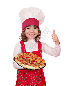 小女孩厨师快乐的小女孩做饭和比萨饼午餐烹饪食物乐趣童年小吃帽子香气糕点孩子背景