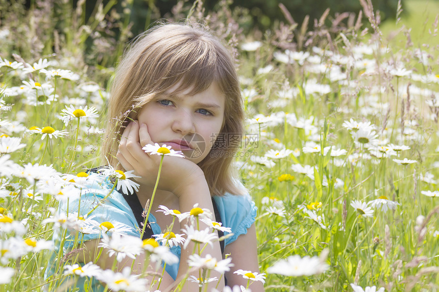 夏日在草地上的小姑娘童年植物蓝色快乐太阳女孩白色雏菊阳光金发图片