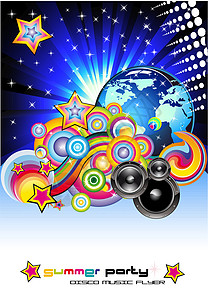 Disco 音乐背景地球扬声器插图射线星星卡片橙子娱乐迪厅框架背景图片