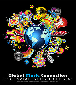 音乐地球全球背景摘要框架世界舞蹈吉他技术打碟机岩石派对插图麦克风插画