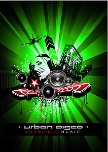 疯狂 DJ 形状的音乐活动背景红色岩石打碟机乐趣飞机海报彩虹插图框架扬声器背景图片