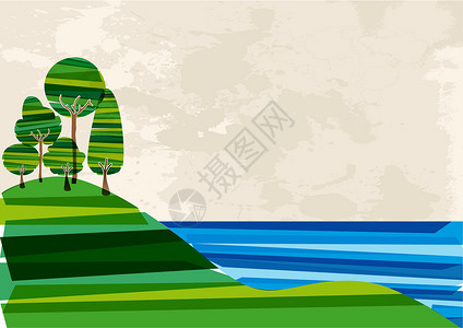 哈密大海道树木林草地环境爬坡海报线条生长植物学小册子季节插图蓝色插画
