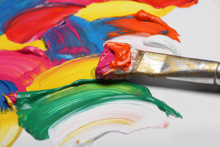 笔刷和抽象的丙烯漆背景创造力中风水彩刷子调色板染料纤维颜料油画绘画图片