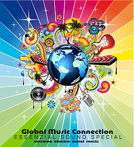 音乐地球音乐播放器摘要背景射线派对扬声器迪厅麦克风世界地球岩石星星全球插画