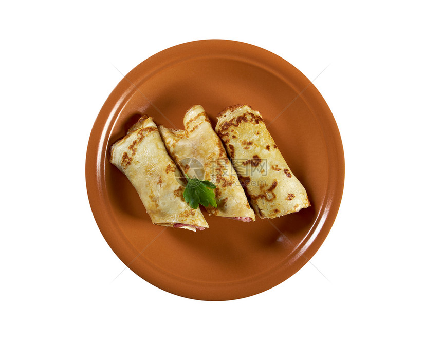 滚煎饼塞满火腿和奶酪维生素饼子蔬菜植物健康早餐油炸午餐饮食叶子图片