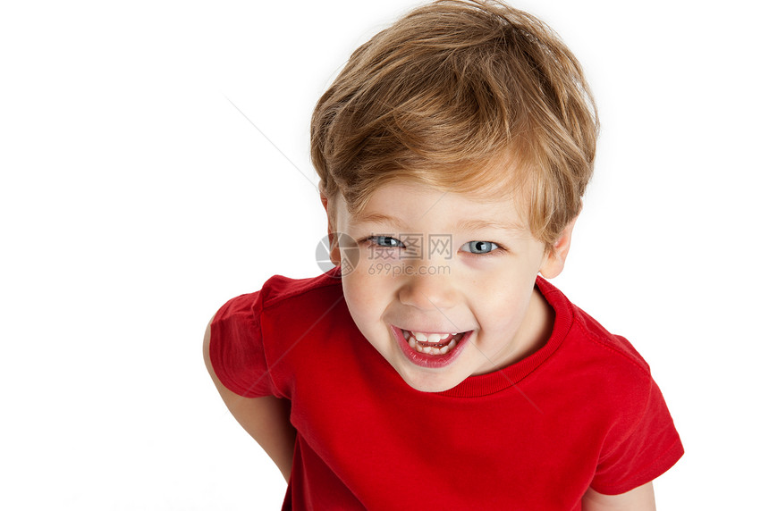 可爱男孩向上看微笑金发快乐儿子乐趣青年红色白色童年男生图片