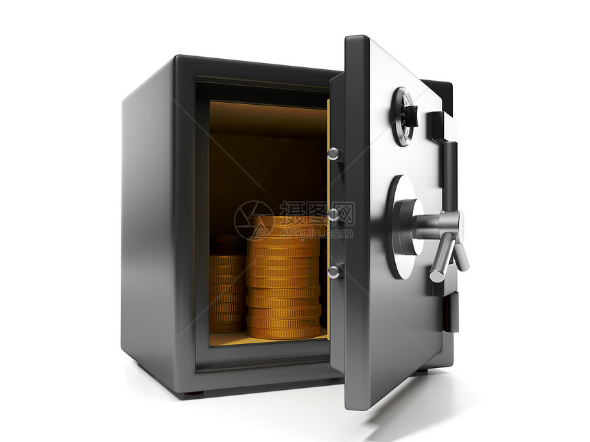 3d 说明 货币储蓄 在安全保管处的硬币组合i图片