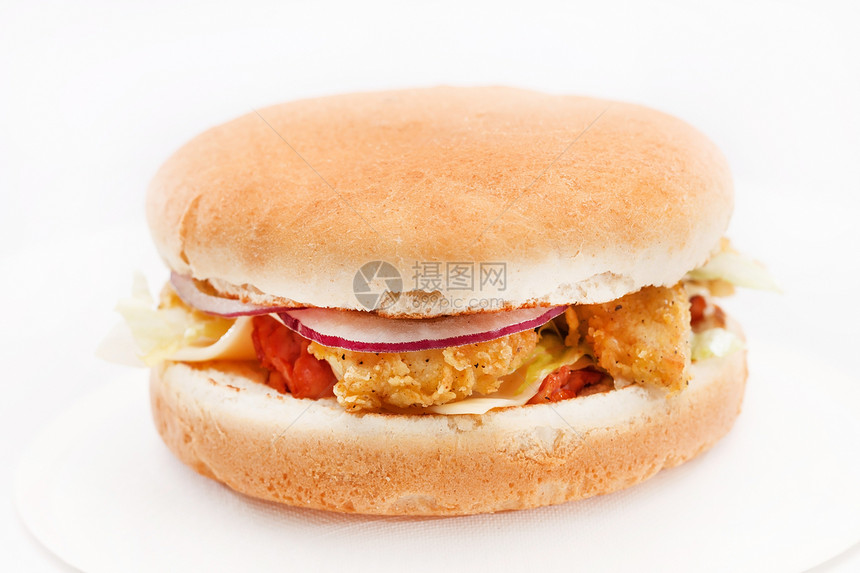 鸡肉汉堡加蔬菜油炸午餐饮食包子食物熏肉营养小吃火腿洋葱图片
