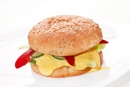 泡菜汉堡白色的汉堡包营养食物牛肉火腿饮食馅饼宏观芝麻胡椒洋葱背景