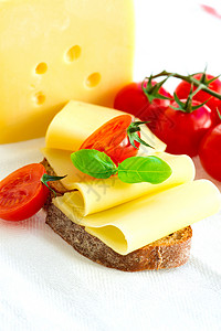 餐桌布上加奶酪和西红柿的三明治高清图片