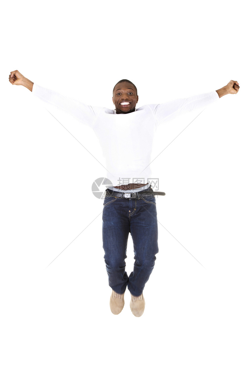 年轻的美国快乐的年轻男子 在欢乐中跳跃微笑运动喜悦男生乐趣成人舞蹈牛仔裤自由图片