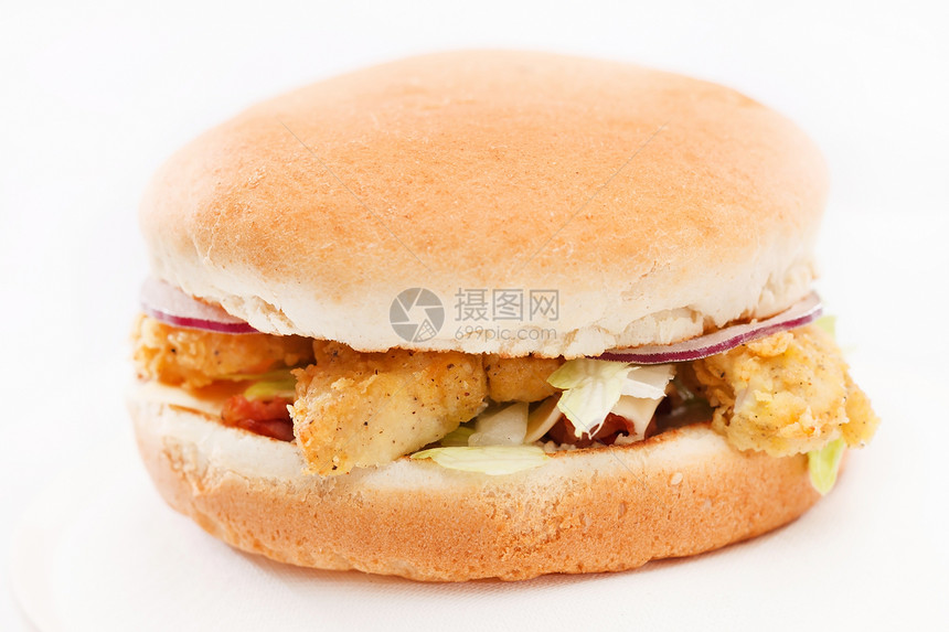 鸡肉汉堡加蔬菜油炸营养火腿饮食午餐小吃包子食物盘子熏肉图片