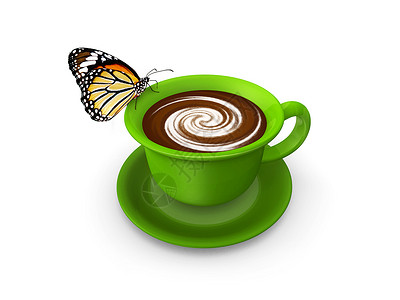 蝴蝶在咖啡杯绿杯热可可背景