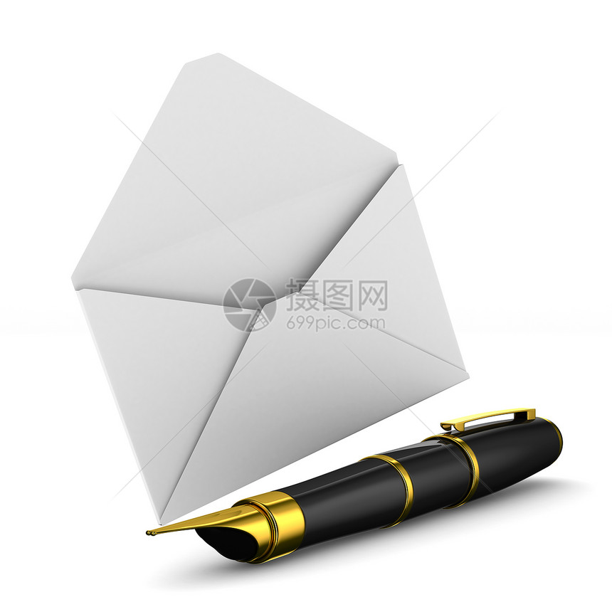 白色背景上的钢笔和信封 孤立的 3D 图像图片