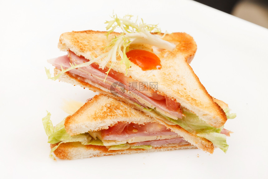 美味三明治俱乐部美食小吃托盘盘子早餐团体绿色午餐猪肉图片