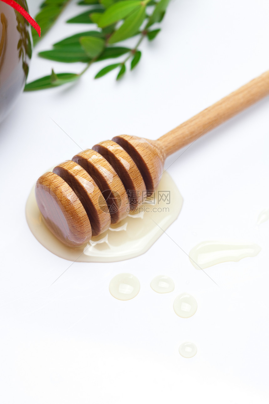 紧紧粘在白色的蜂蜜和罐子上洋甘菊糖浆薄雾生活树叶玻璃金子植物早餐治疗图片