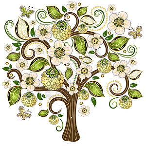 春装饰树叶子漩涡水果金子螺旋手绘剪影插图马赛克季节背景图片