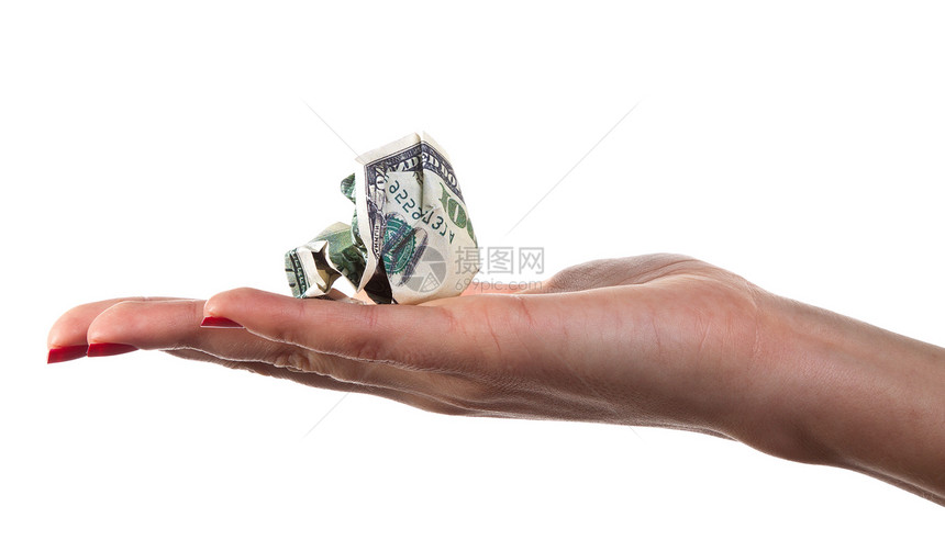 压着一块钱的棕榈女人商业金融财富手臂皮肤手腕货币白色拇指手指图片