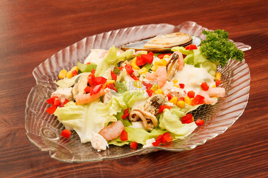 海食沙拉小吃树叶鱿鱼午餐贝类食物烹饪海鲜青菜国王图片