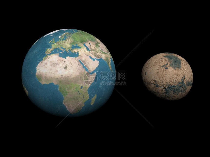 地球和火星行星规模比较 - 3D图片