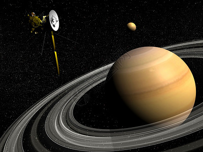 航行者土星附近的卡西尼航天器和泰坦卫星3D星星科学小说引擎飞船技术行星星系环绕航天学背景