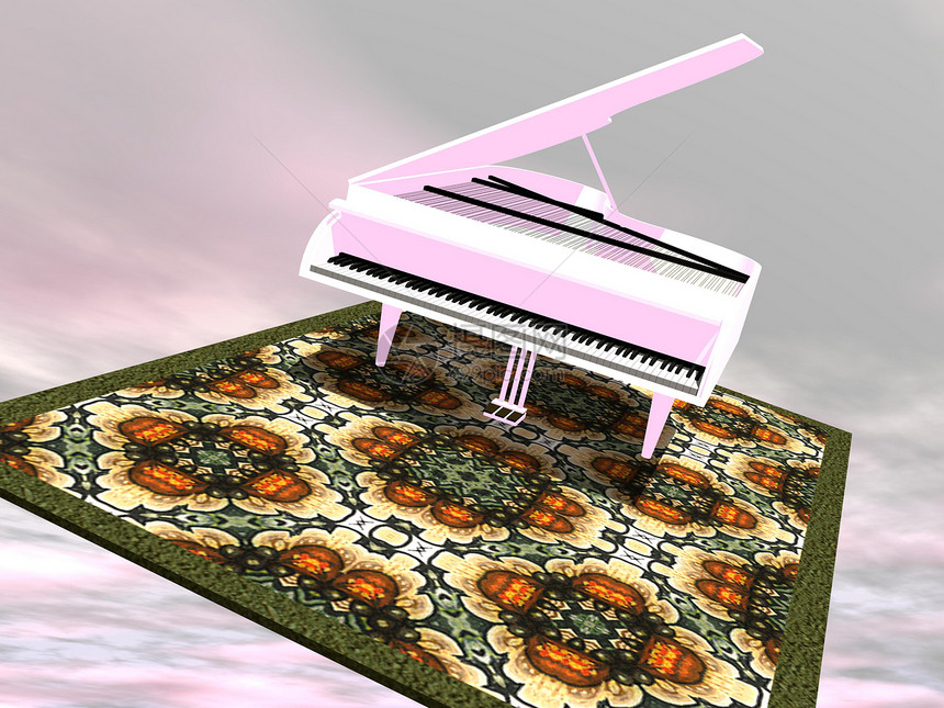 钢琴在地毯上飞行 - 3D制成图片