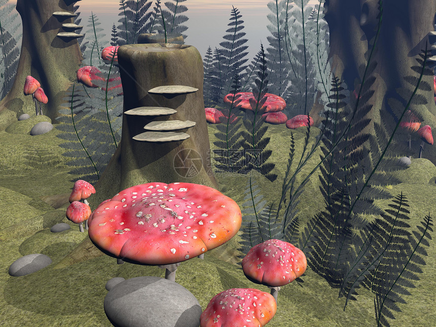 森林中喷雾的蘑菇  3D制成精灵石头插图叶子树干花园神话菌类森林童话图片