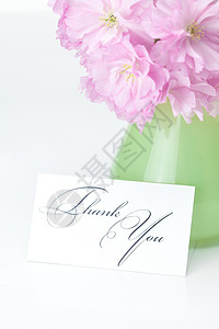 花瓶和卡片上签了名 谢谢你们被隔离框架礼物玻璃笔记花束回应邀请函樱花植物叶子背景