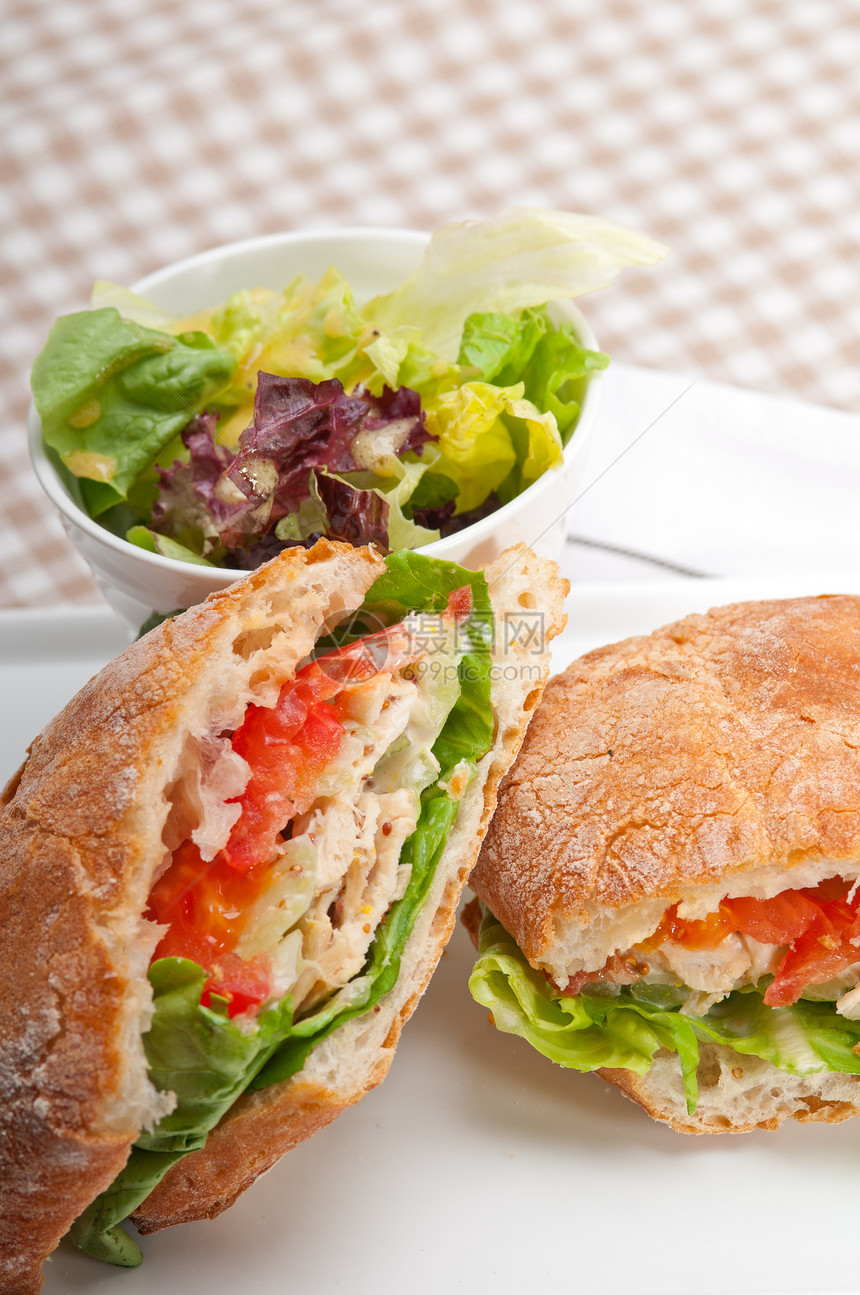 配鸡肉和番茄的意大利三明治营养沙拉工作室野餐烹饪食物叶子美食早餐熟食图片