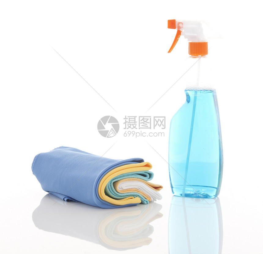 白色上装瓶式清洁液的清洁粉尘蓝色家庭工具浴室家政卫生抛光团体家务材料图片