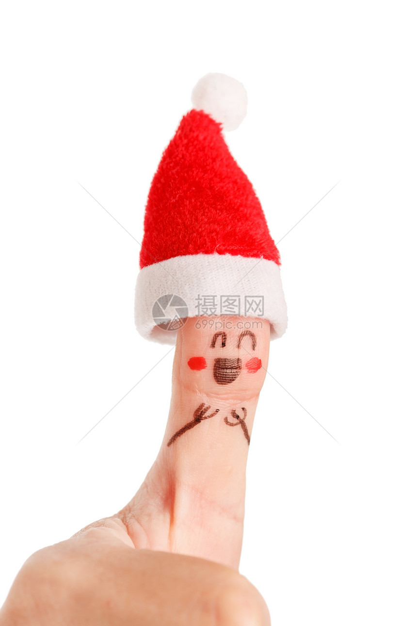 穿着圣克劳斯红白帽子的手指拇指微笑皮肤创造力朋友们社会故事玩具乐趣手势图片