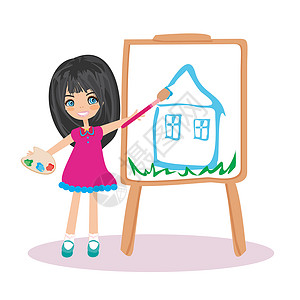 画板子素材小艺术家小姑娘 把她梦想中的房子画在大纸池上绘画刷子创造力想像力喜悦女孩活动乐趣女性学习插画