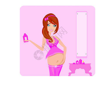 腹部护理孕妇对腹部止痛剂进行润滑剂治疗母性怀孕插图浴室女孩皮肤奶油分娩女性母亲插画
