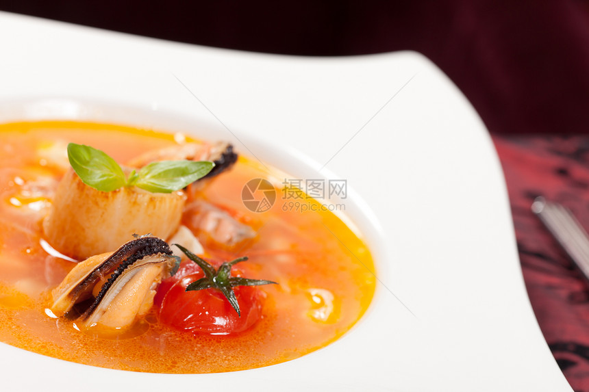 海食汤扇贝肉汤海鲜液体贝类蔬菜餐厅健康饮食美食食物图片